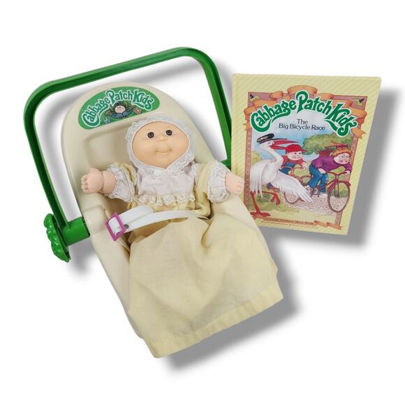 Cabbage Patch Kids Preemie Doll CPK Brown Eyes Baby Car Seat Carrier Book Lot